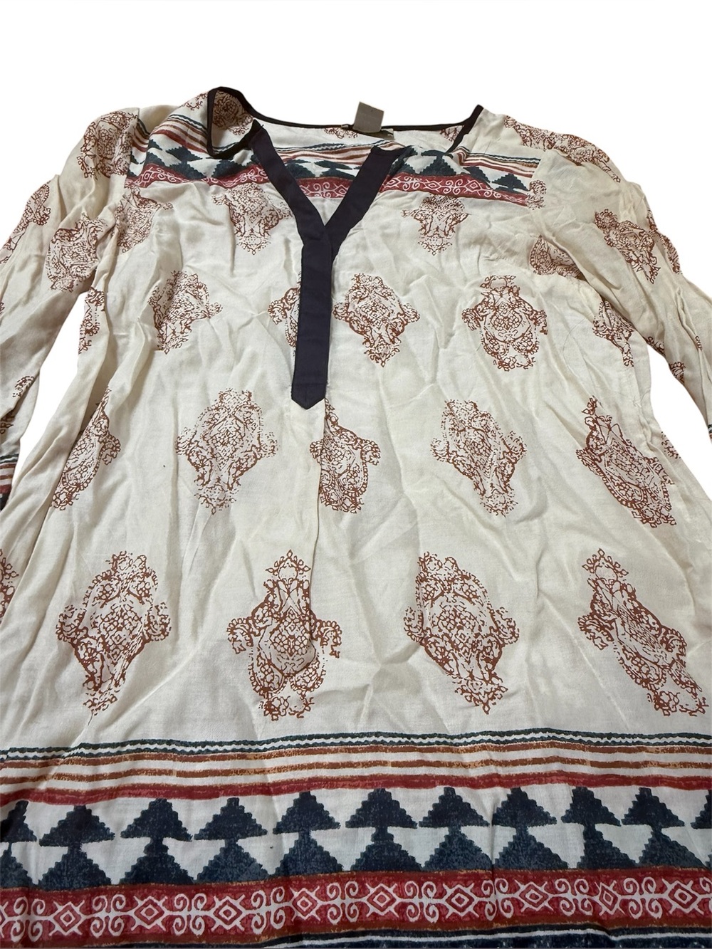 Lucky Brand Cream Tunic with Rust and Navy Geometric Print